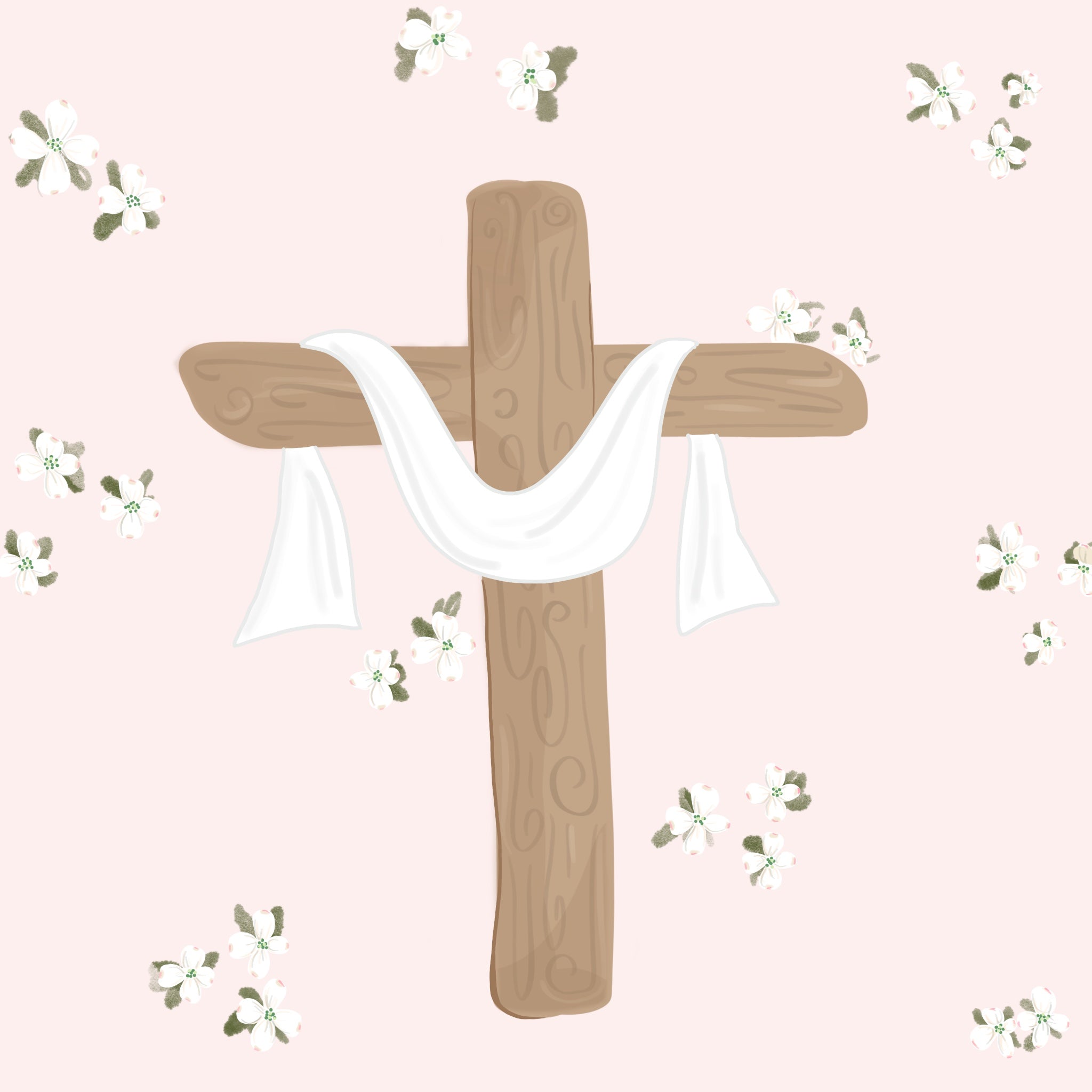 Wooden cross with a white cloth draped over it on a pink background with decorative elements.