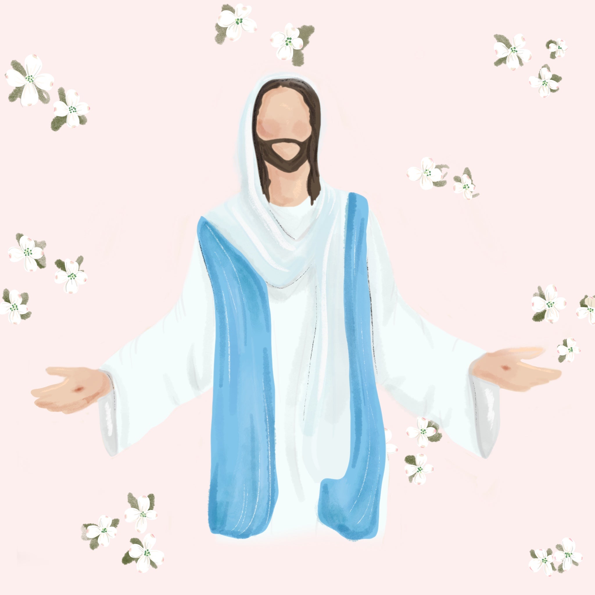 Illustration of a person in a white and blue robe with a pink background